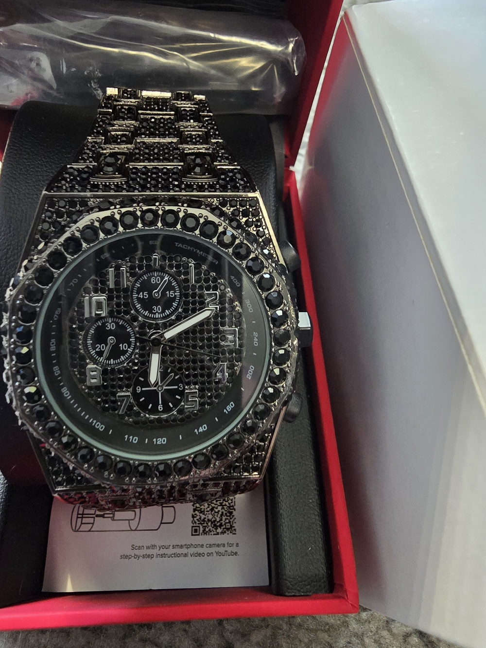 Black Men’s Crystal-Accented Chronograph Watch